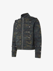 Distressed Camo Snap-Button Stand-Collar Jacket