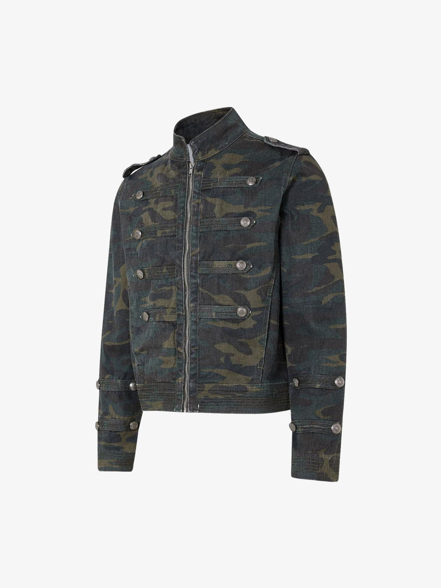 Distressed Camo Snap-Button Stand-Collar Jacket
