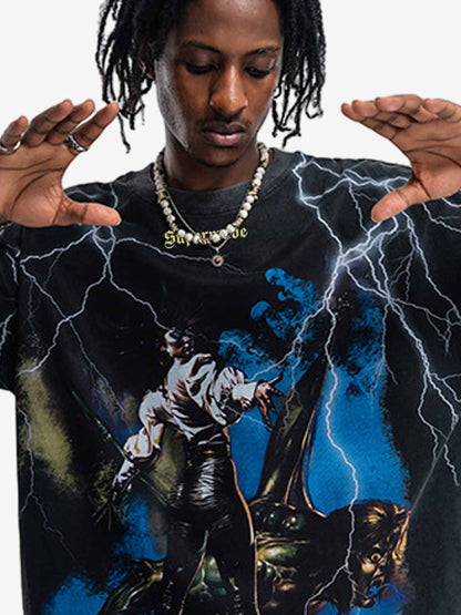 300G Jade Pattern Dyed Cotton T-Shirt with Lightning Graphic Print Oversized Streetwear Tee 