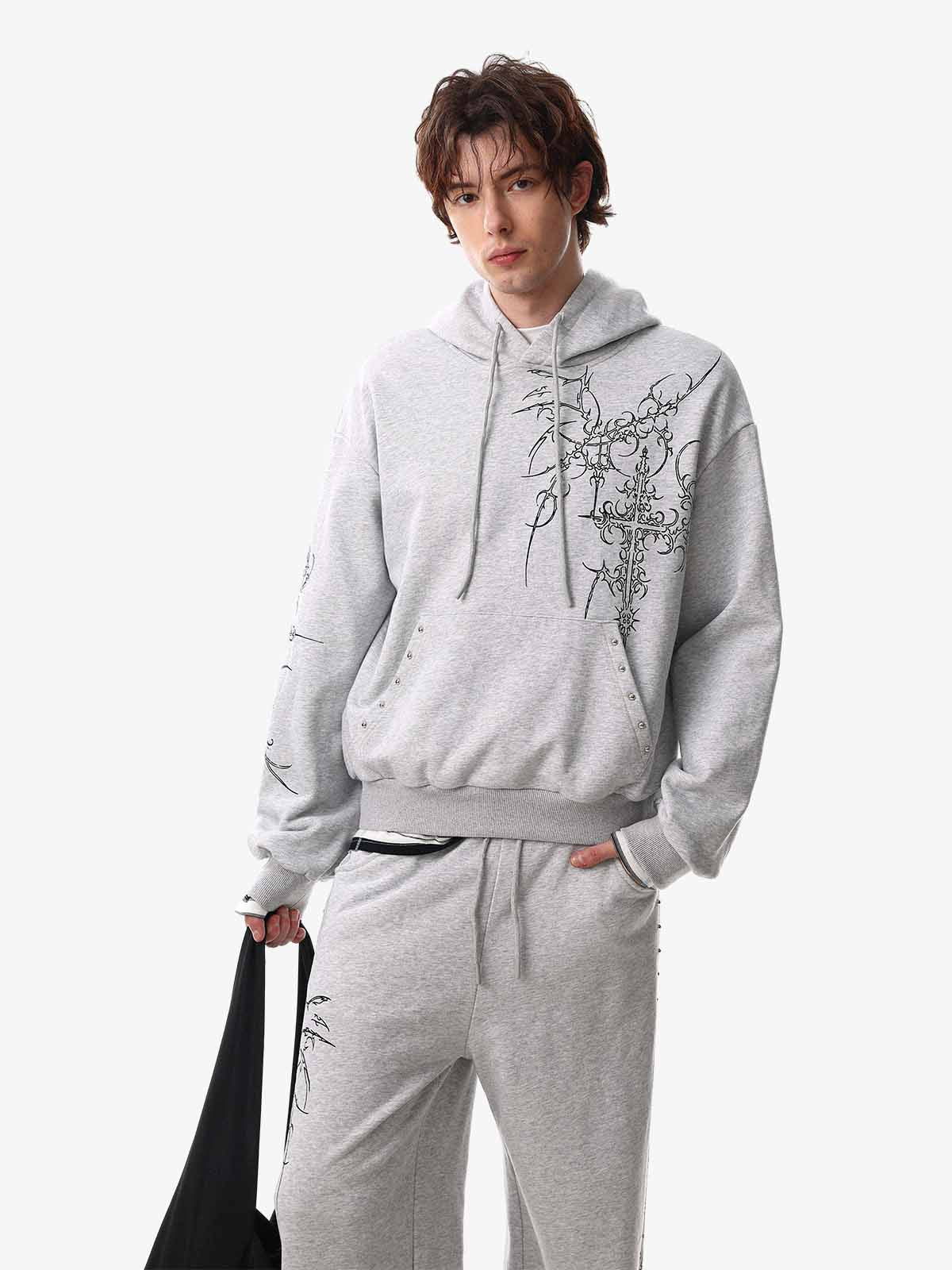 Floral Line Art Studded Pocket Hoodie