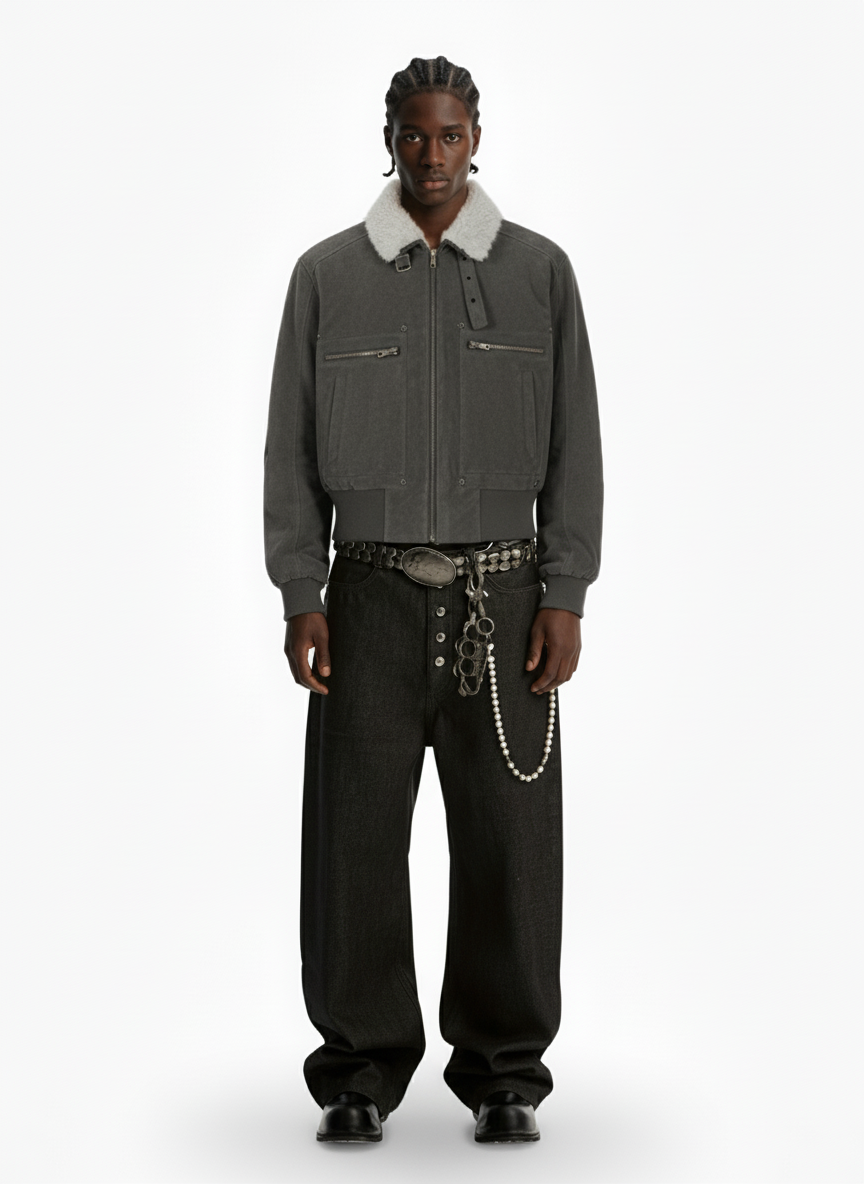 Utility Faux Shearling Collar Suede Look Zip Up Jacket 