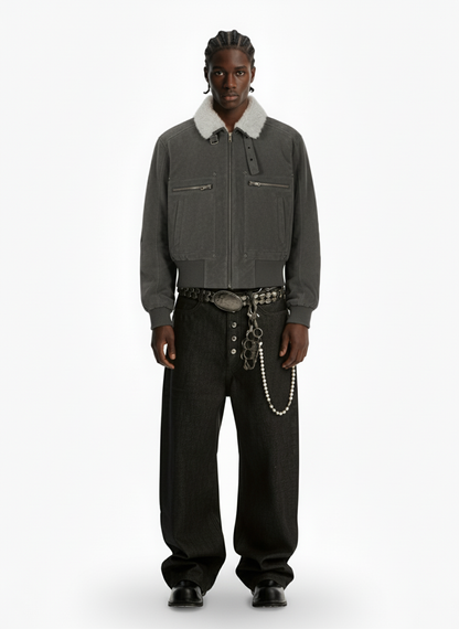 Utility Faux Shearling Collar Suede Look Zip Up Jacket 