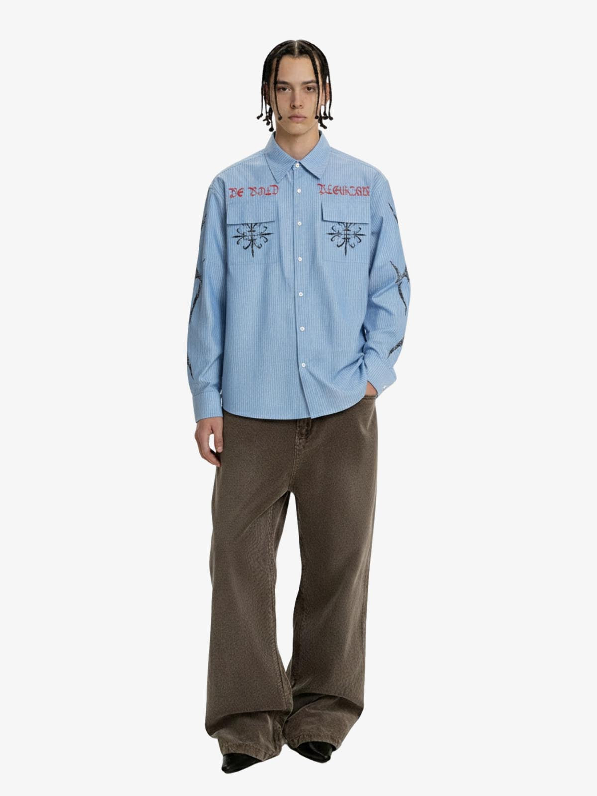 Gothic Embroidered Pinstripe Button-Up Shirt