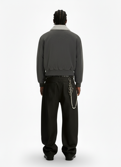 Utility Faux Shearling Collar Suede Look Zip Up Jacket 