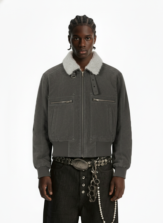 Utility Faux Shearling Collar Suede Look Zip Up Jacket 