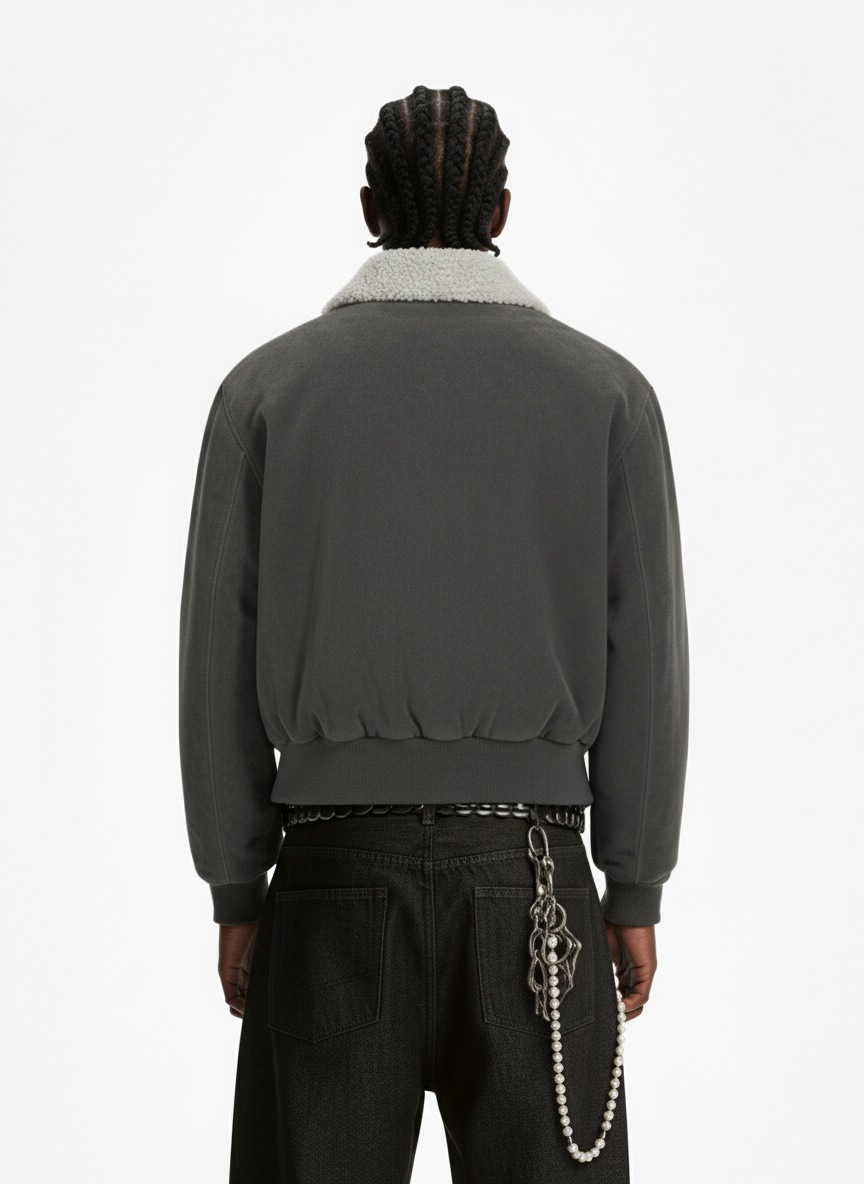 Utility Faux Shearling Collar Suede Look Zip Up Jacket 