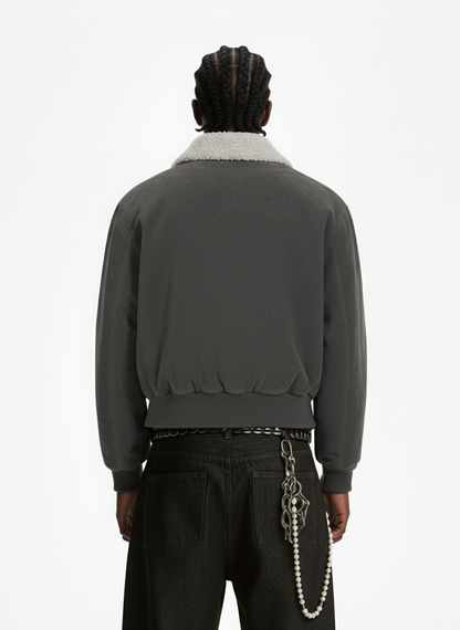 Utility Faux Shearling Collar Suede Look Zip Up Jacket 