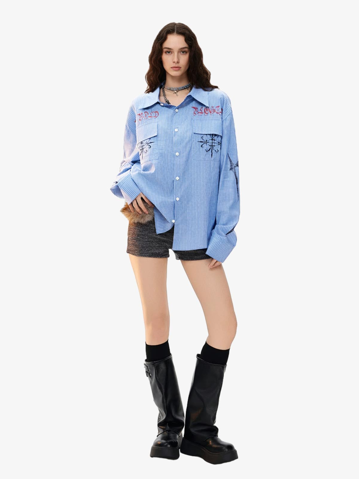 Gothic Embroidered Pinstripe Button-Up Shirt