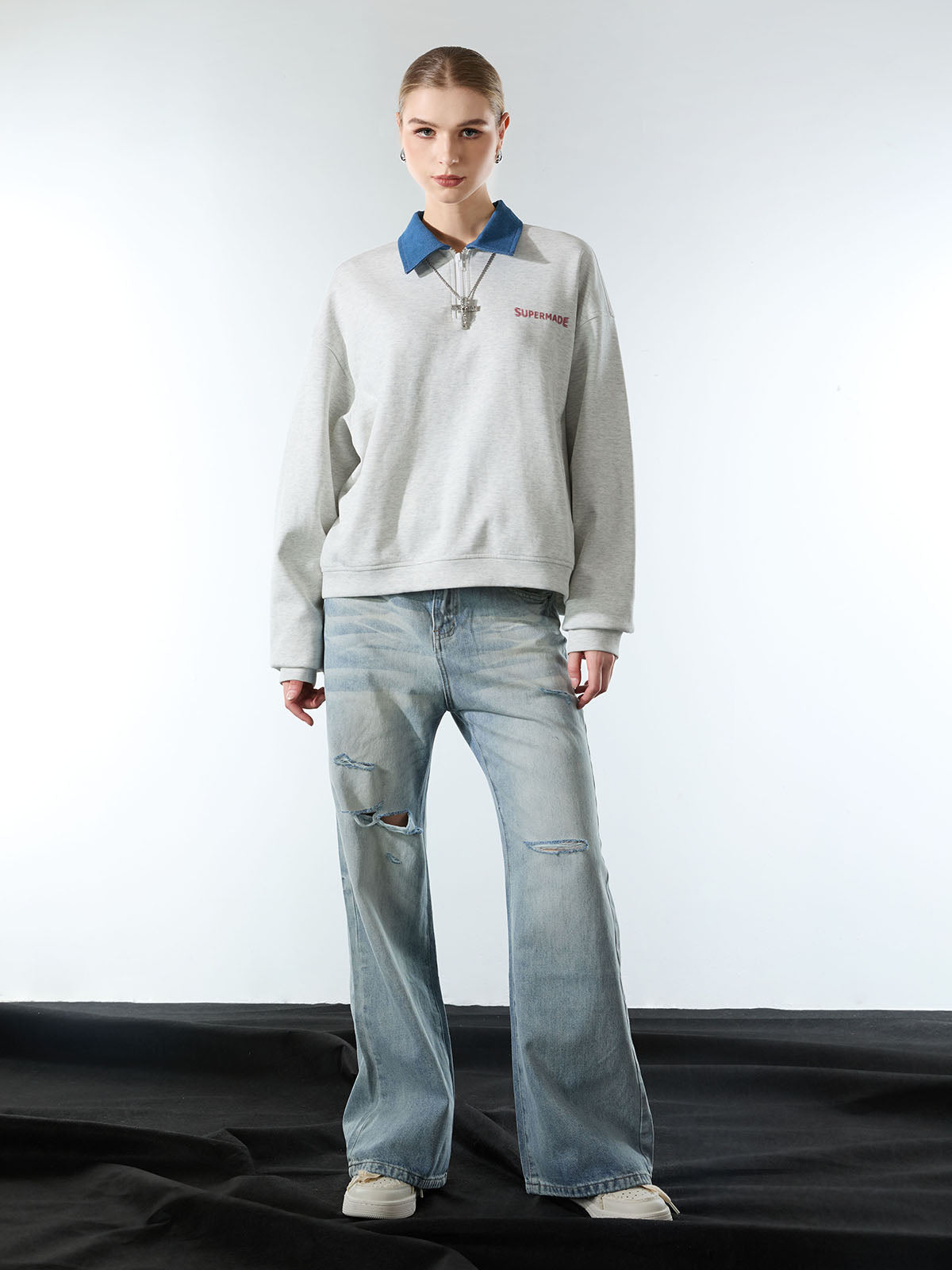 Original Denim Lapel Patchwork Sweatshirt 