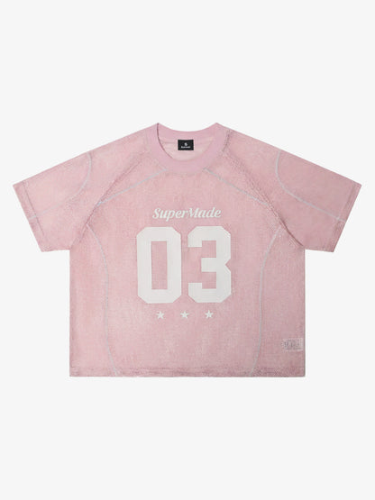 Mesh Jersey T-Shirt with Red Number 03 Print and Stitched Details 