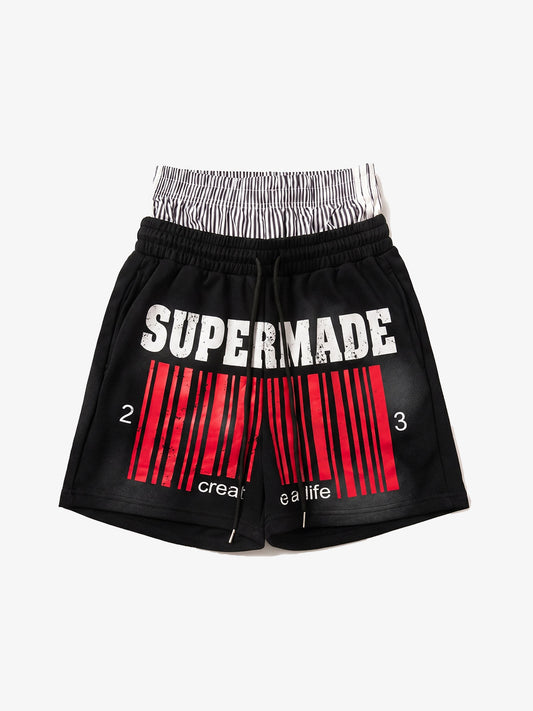 Double Waistband Barcode Graphic Shorts 