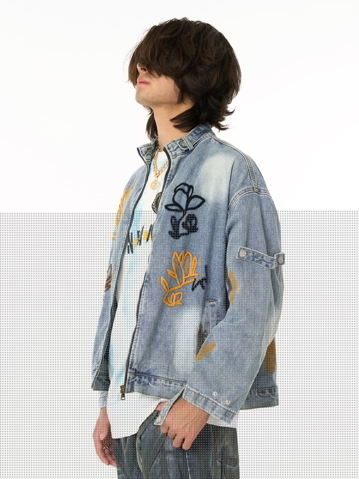 Embroidered Denim Jacket with Trendy Floral Design for Men 