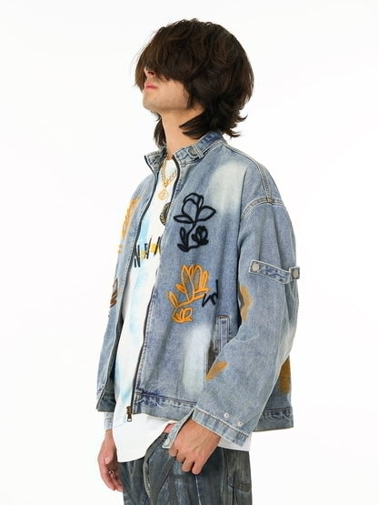 Embroidered Denim Jacket with Trendy Floral Design for Men 