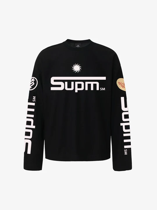 Textured Waffle SUPM Letter Graphic Long Sleeve T-Shirt - 2600 