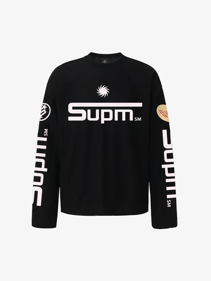 Textured Waffle SUPM Letter Graphic Long Sleeve T-Shirt 