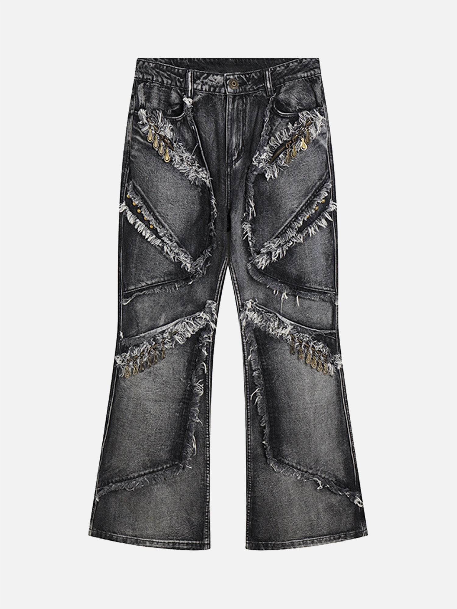Retro Deconstructed Multi-Pull Heavy Duty Washed Distressed Tassel Micro-Large Jeans