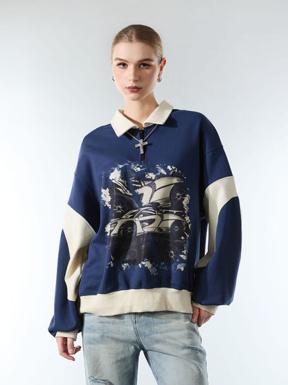 Original Racing Style Print Lapel Sweatshirt 