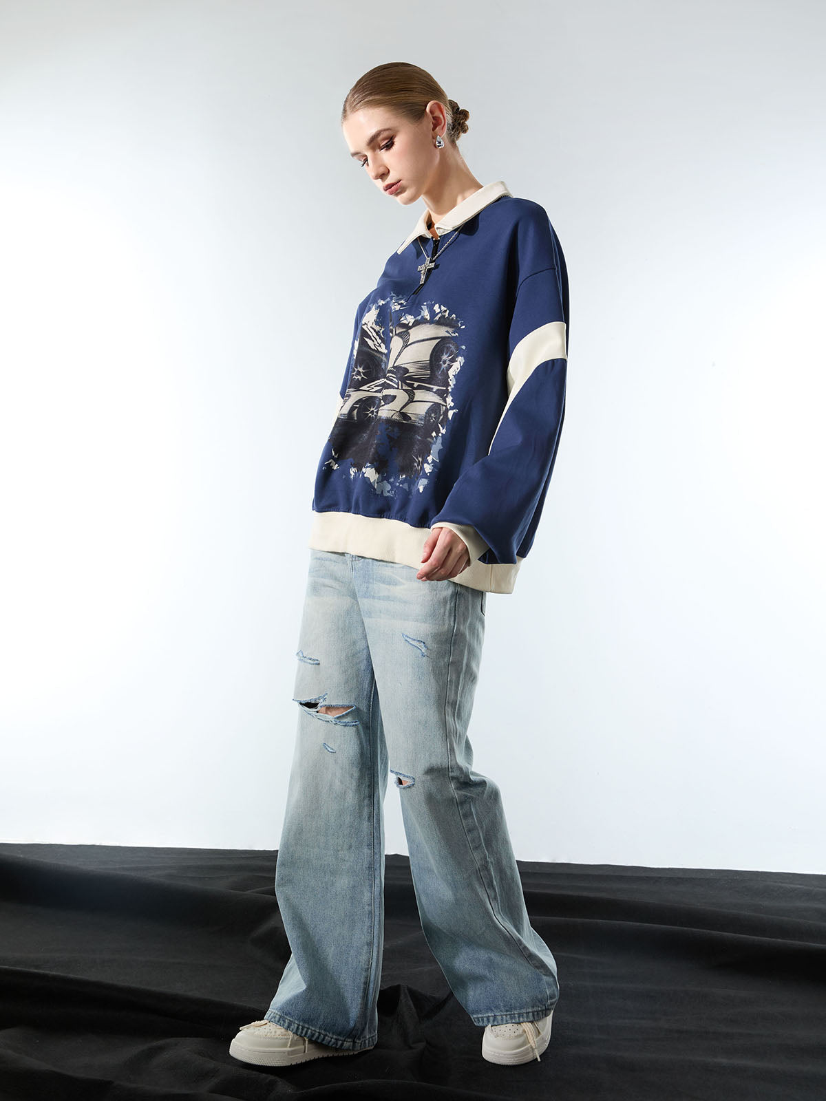 Original Racing Style Print Lapel Sweatshirt 