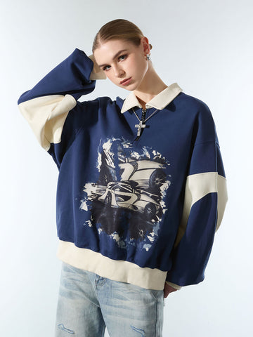 Original Racing Style Print Lapel Sweatshirt 