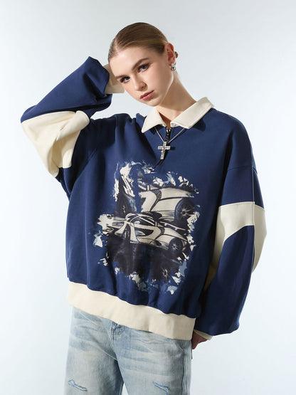 Original Racing Style Print Lapel Sweatshirt 