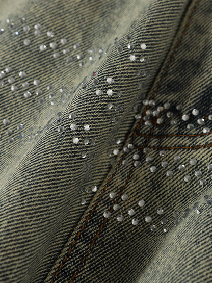 Retro Denim Rhinestone Striped Baggy Jeans 