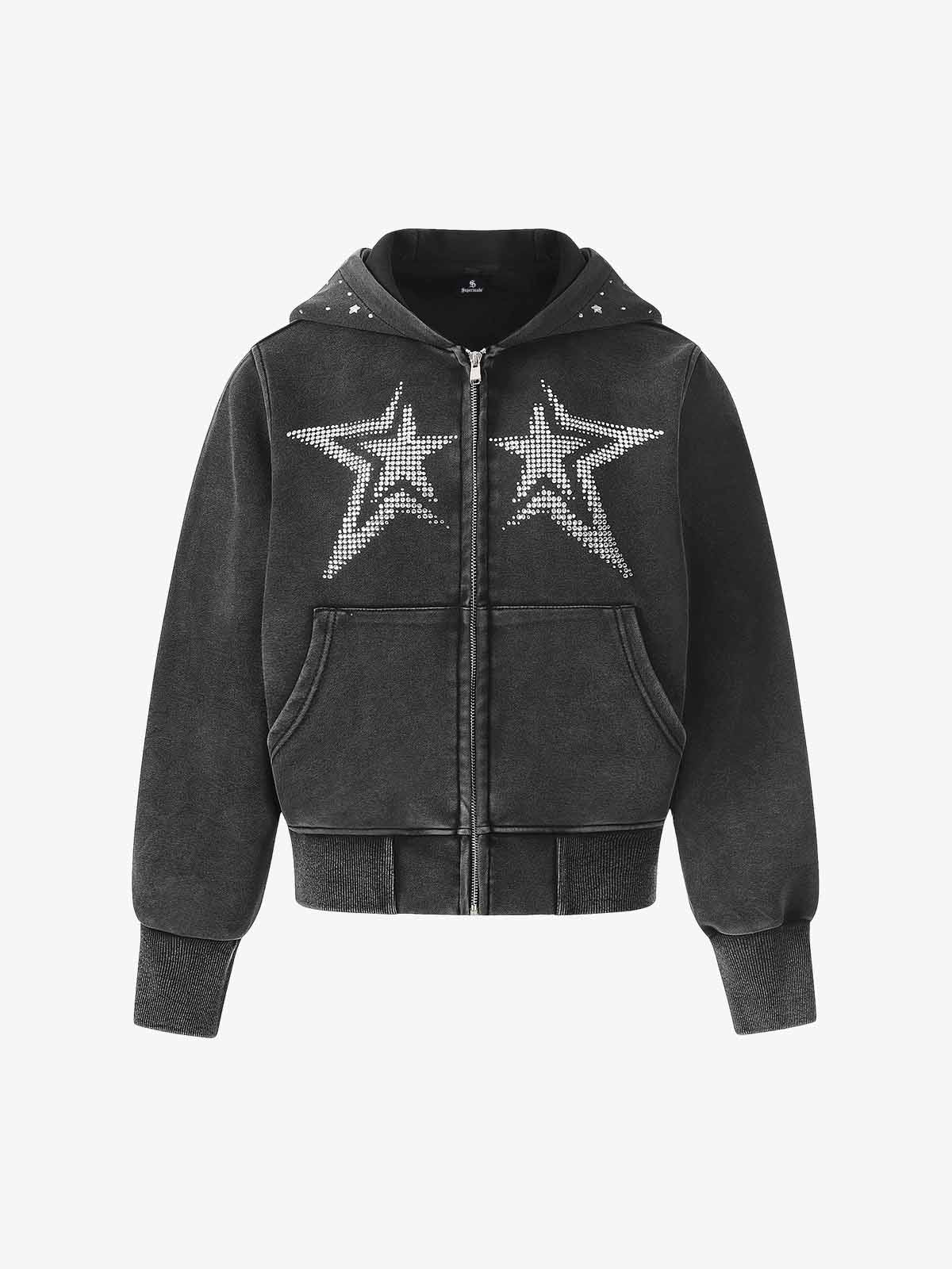 Vintage Washed Symmetrical Star Rhinestone Zip-Up Hoodie