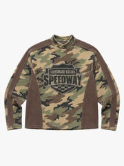 Langarmshirt mit Rennsportgrafik, Waffelmuster, gewaschenem Stehkragen