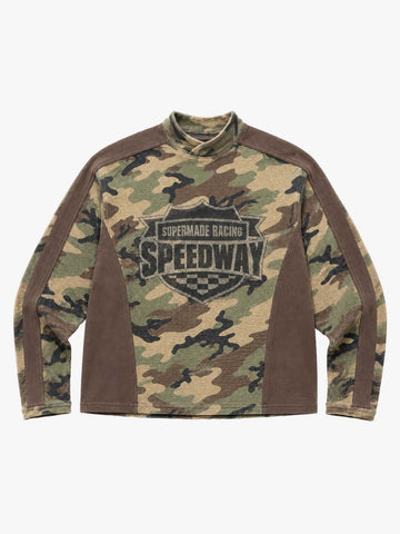 Racing Graphic Waffle-Panel Washed Stand-Collar Long Sleeve Tee