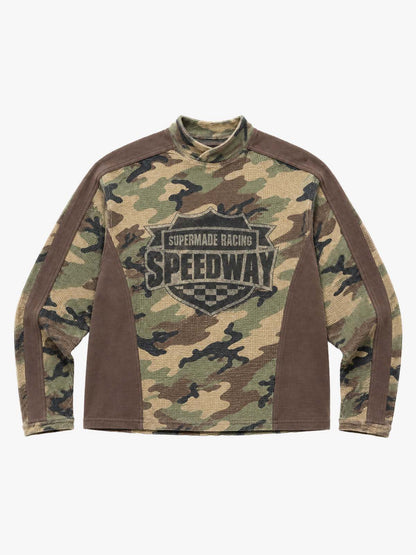 Racing Graphic Waffle-Panel Washed Stand-Collar Long Sleeve Tee