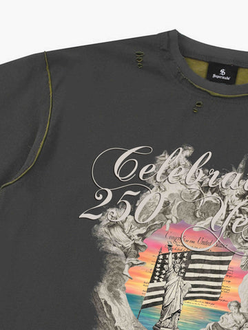 Statue of Liberty Graphic Distressed Reversible T-Shirt 