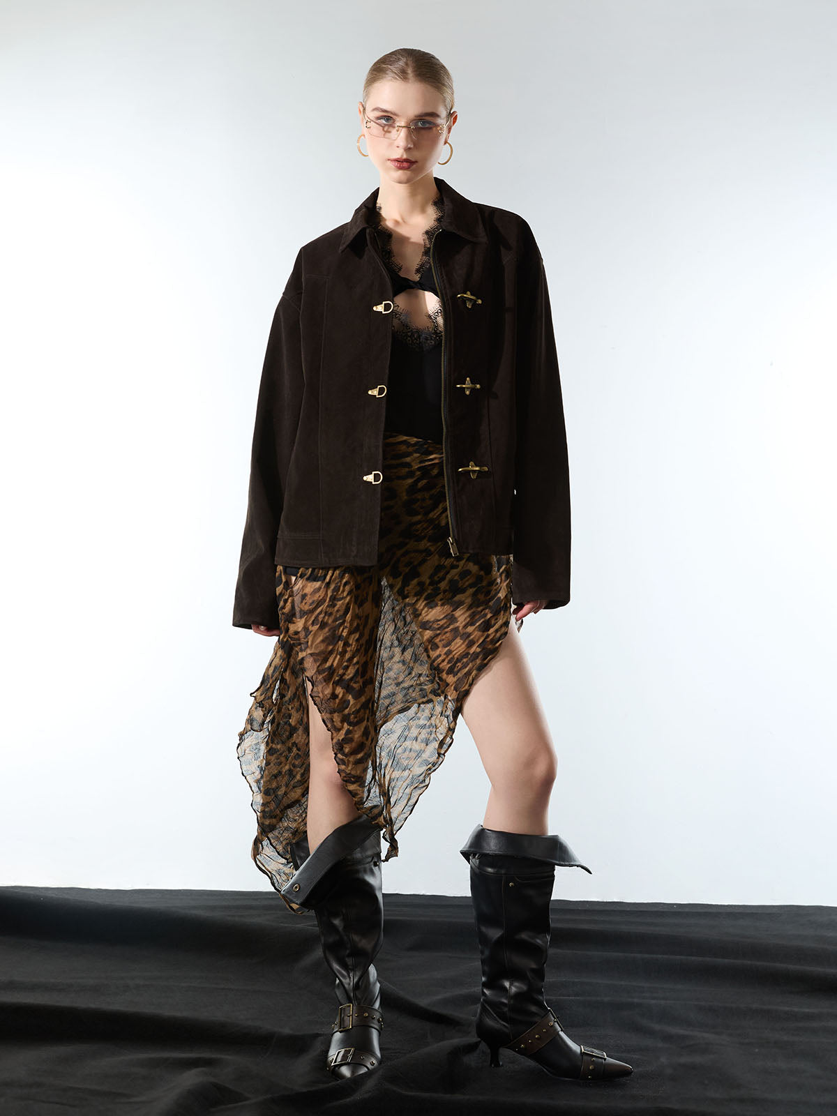 Retro Unique Metal Button Suede Lapel Bomber Jacket - 2538 