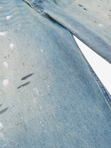 Washed Distressed Ink-Splashed Denim Shorts 