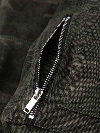 Retro Camo Faux Fur Trim Detachable Hooded Jacket 