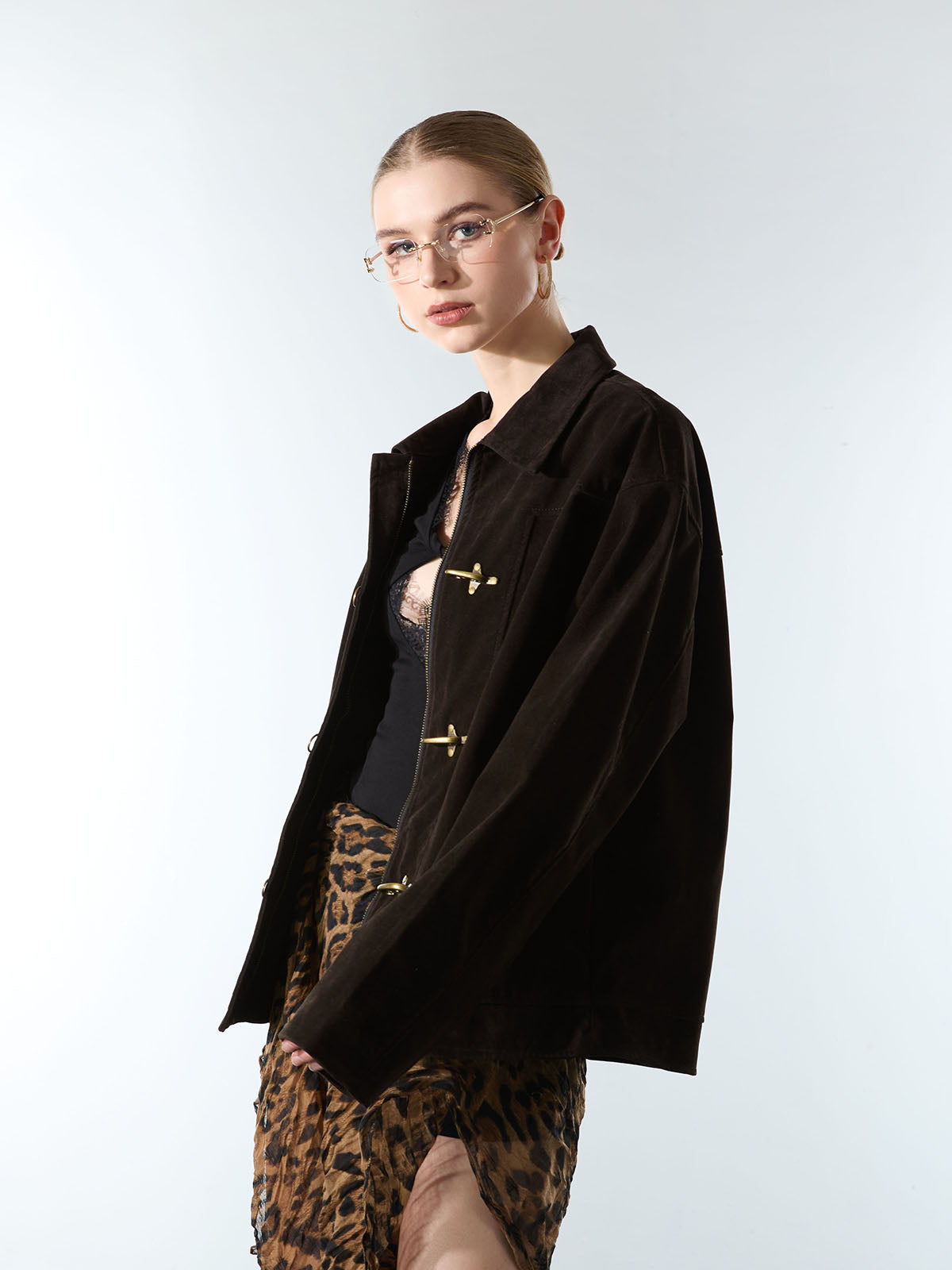 Retro Unique Metal Button Lapel Suede Bomber Jacket - 2538 