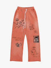 Graffiti Printed Washed And Aged Straight-leg Sweatpants