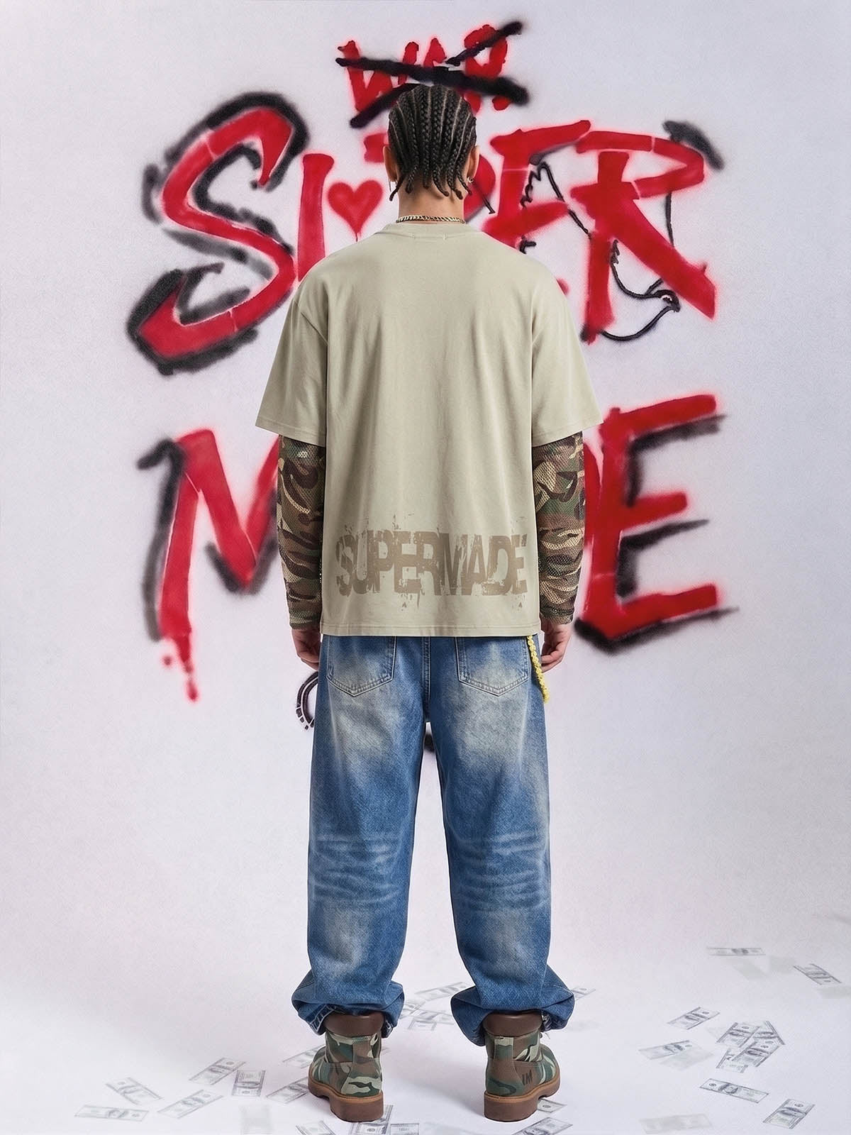 Grunge Graphic Fake Layer Camo Sleeve T-Shirt 