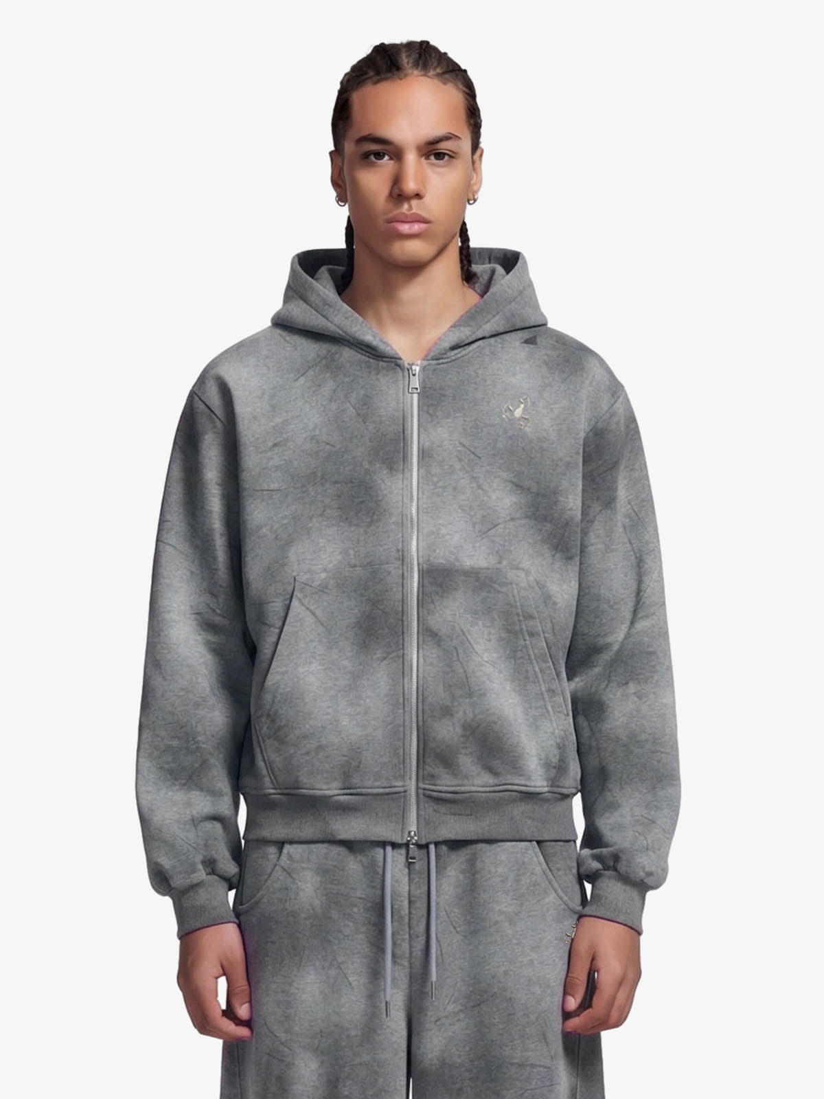Vintage Washed Tie-Dye Zip Up Hoodie & Barrel Sweatpants Tracksuit 