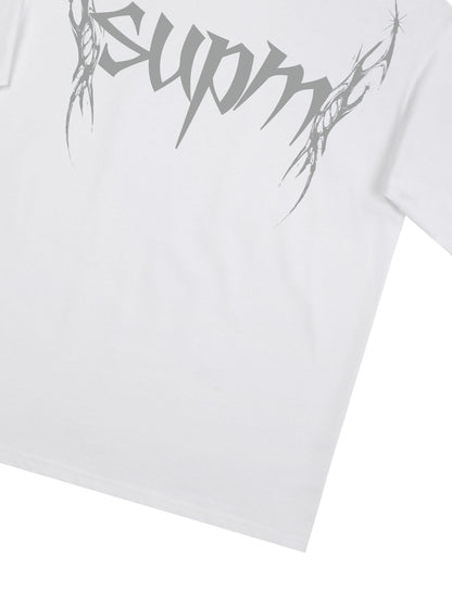 THE SUPERMADE Futuristic spiked pattern gothic style logo font design T-shirts 
