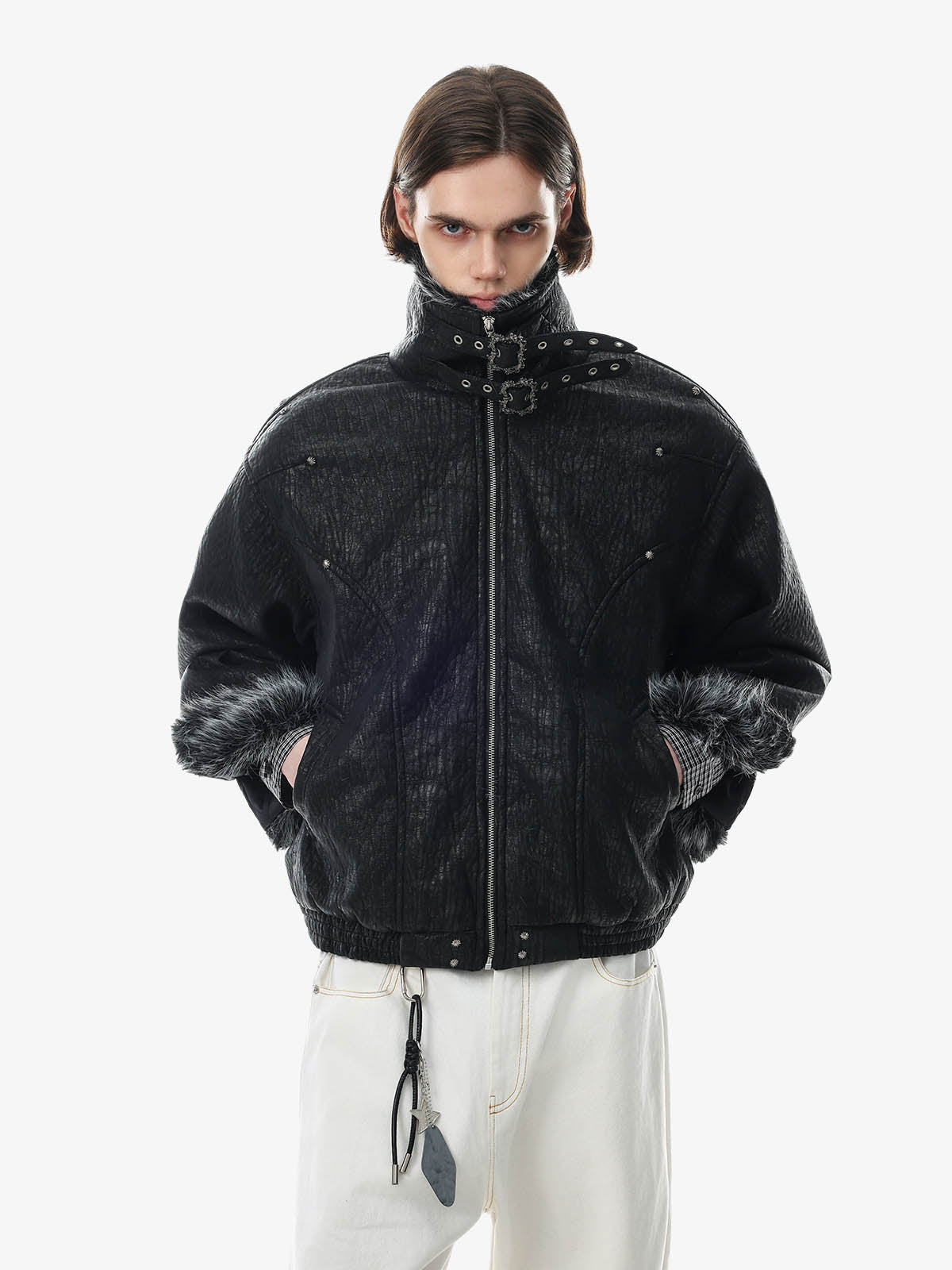Deconstructed Faux-Fur Trim Stand-Collar PU Leather Coat