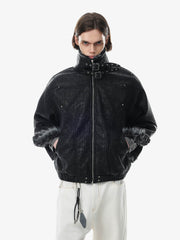 Deconstructed Faux-Fur Trim Stand-Collar PU Leather Coat