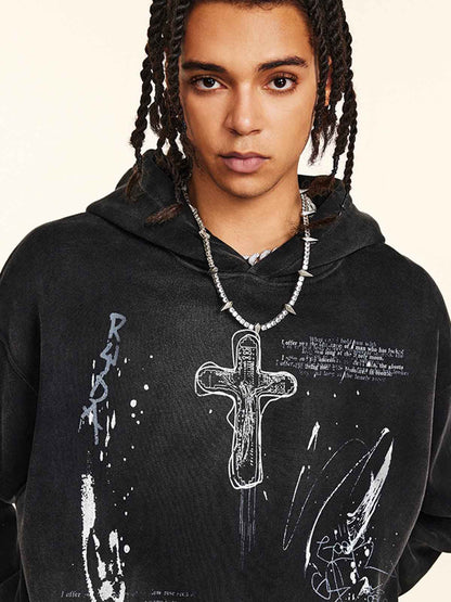 Vintage Dirty Wash Cross Graphic Hoodie 