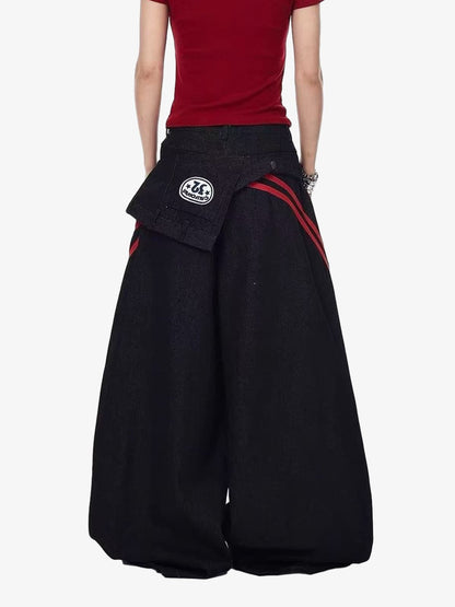 Retro Red Stripe Asymmetric Waist Barrel Jeans 