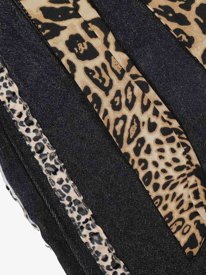 Denim Leopard Print Wide Leg Trousers with Belted Waist and Side Stripes 