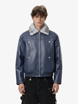 Street Fur-Trim Collar Leather Bomber Jacket 