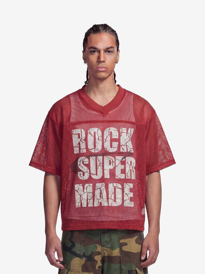Mesh Letter Print Distressed Football Jersey T-Shirt 