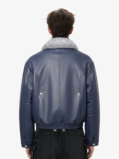 Street Fur-Trim Collar Leather Bomber Jacket 