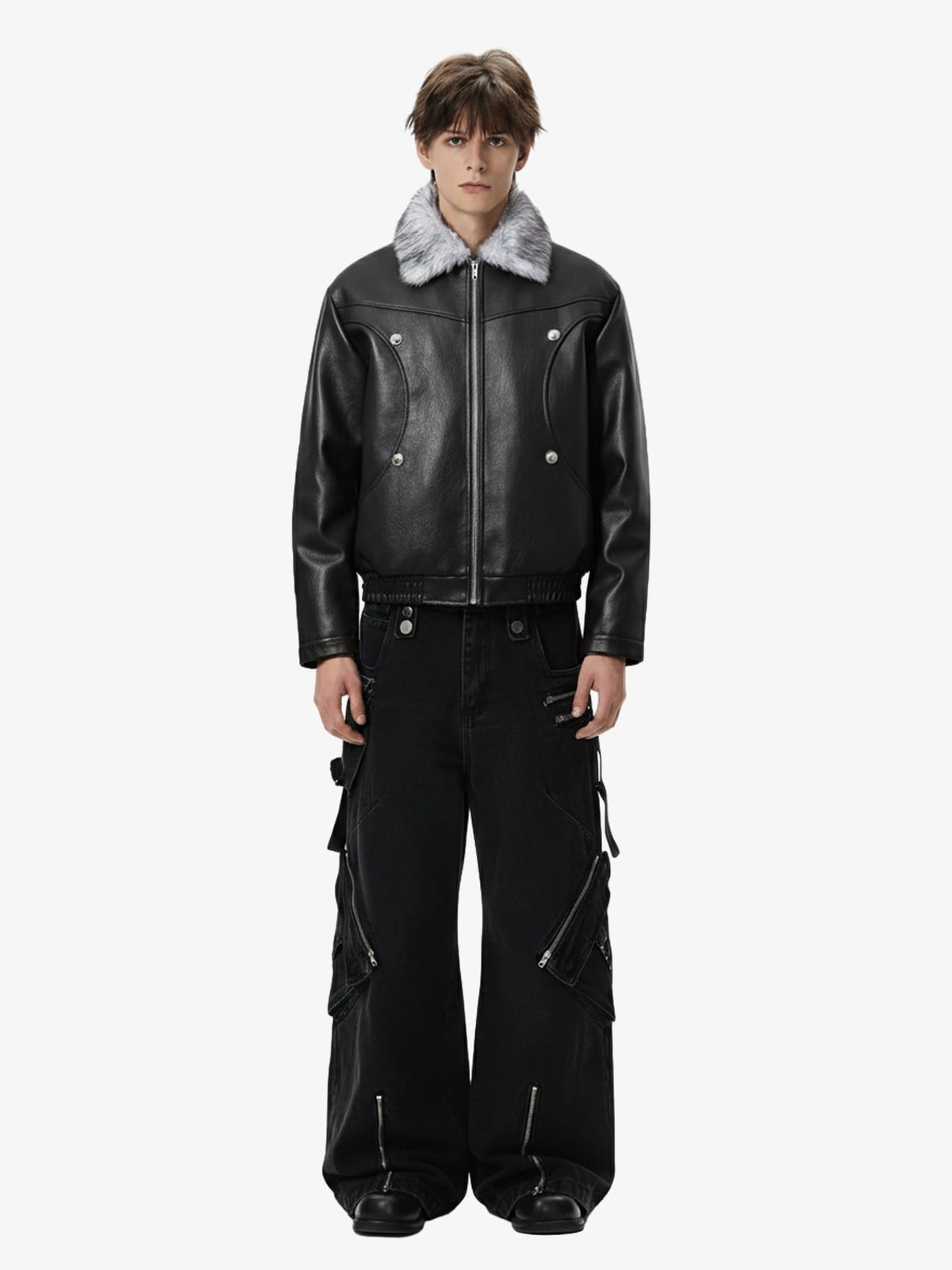 Street Fur-Trim Collar Leather Bomber Jacket 