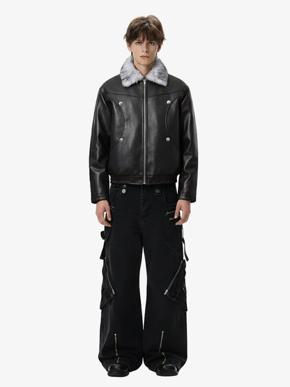 Street Fur-Trim Collar Leather Bomber Jacket 
