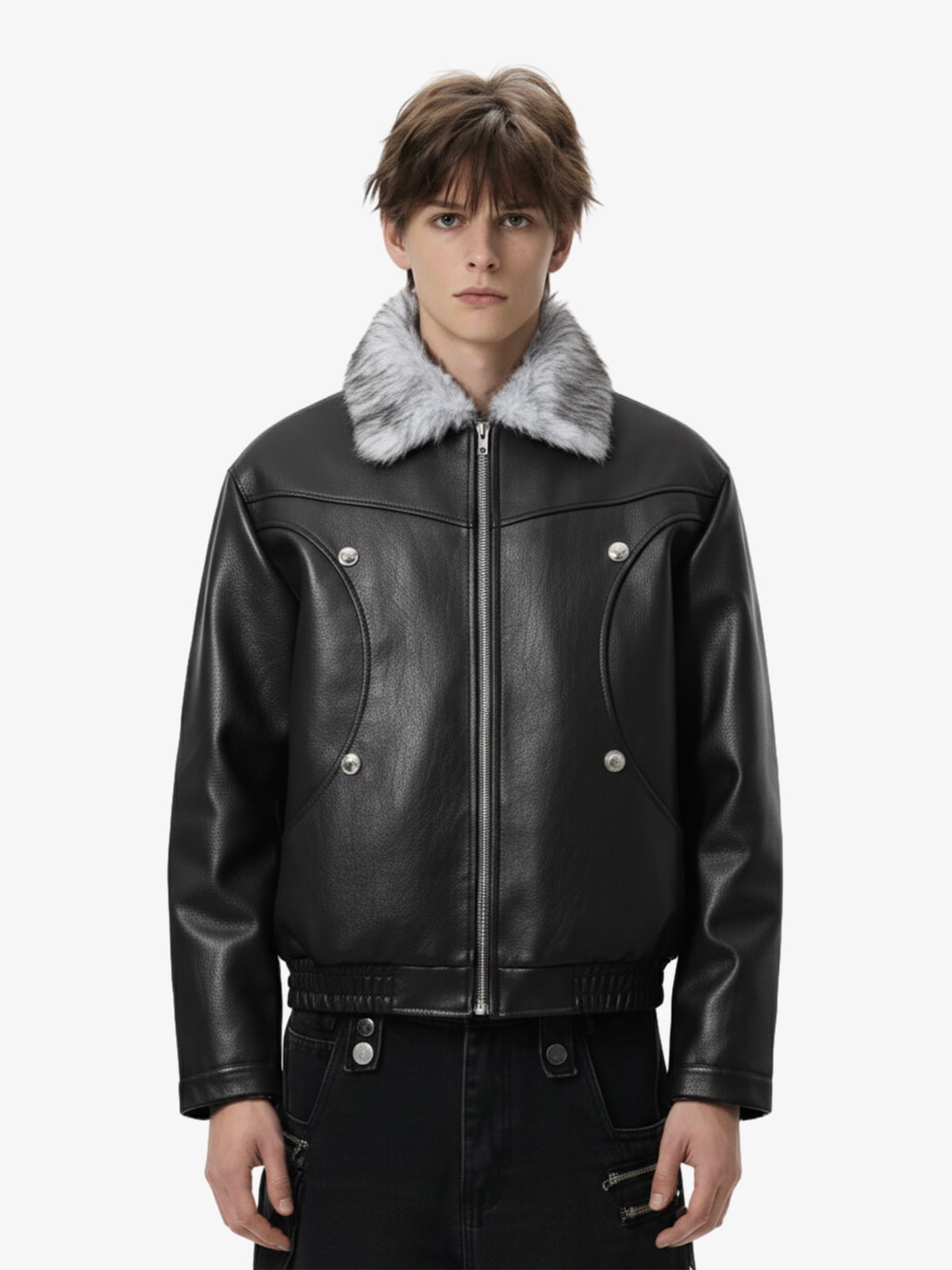 Street Fur-Trim Collar Leather Bomber Jacket 