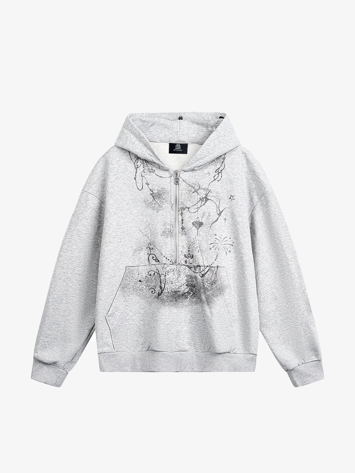 Thesupermade Detachable Fur Collar Half-zip Printed Hooded Cardigan Sweatshirt 